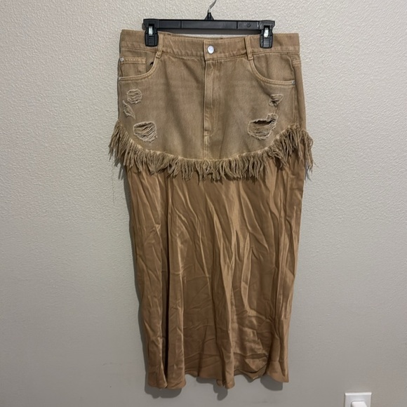 Pilcro Twofer Slip Midi Tan A-Line Skirt with Fringe - Picture 3 of 7